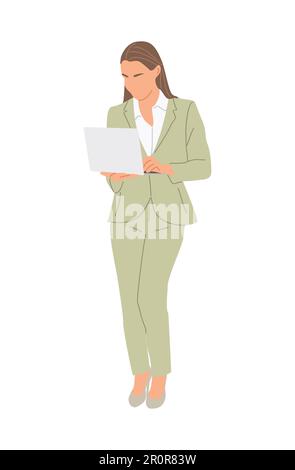 Geschäftsfrau, die mit einem isolierten Laptop arbeitet. Stock Vektor