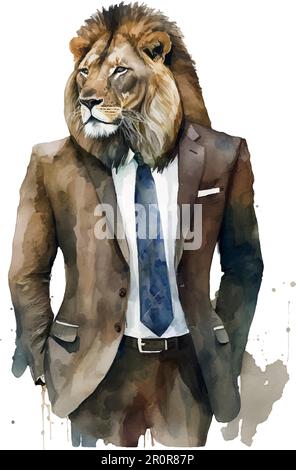 Trendy cartoon poster with lion fashion suit watercolor white background. Trendy vector illustration. Fashion, style clothes. Isolated vector illustra Stock Vektor