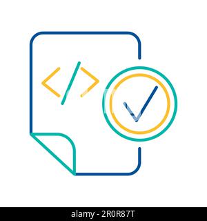 Blaues und gelbes Piktogramm mit dünnen Linien für HTML-Tags. Systemdokument mit einem Häkchen für ein lineares Symbol Stock Vektor