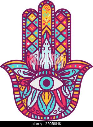 Hamsa, fatima Handabbildung. Symmetrische Handfläche mit Augenzeichnungen. Orientalisches Schutzamulett Stock Vektor