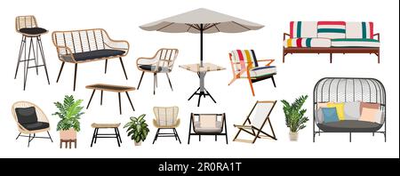 Terrasse, Außenbereich, Veranda, Gartenmöbel. Stock Vektor