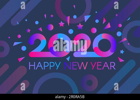 Farbenfrohes neues Jahr 2020 mit Confetti Banner. Elegant 2.000 mit Begrüßung. Horizontales Einladungsposter in leuchtendem Blau am Festivalteil Stock Vektor
