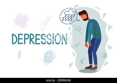 Von Hand gezeichnete Bannervektorvorlage für Depressionen. Psychologie, Psychotherapie-Cartoon-Posterkonzept Stock Vektor