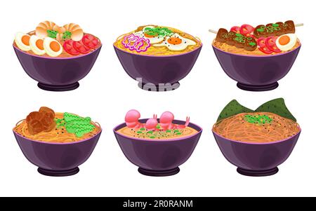 Japanische Nudeln in Schüsseln Vektorbilder Set Stock Vektor