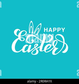 Happy Easter-Schriftzug mit Hasenohren auf blauem Hintergrund. Stock Vektor