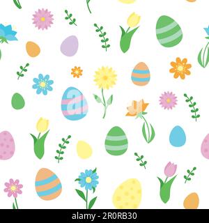Nahtloses Muster mit Frühlingsblumen und ostereiern. Stock Vektor
