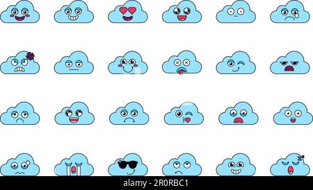 Süße Wolkenaufkleber Umriss-Illustrationen Set. Verschiedene Cartoon-Emoticons. Social-Media-Emoji-Paket Stock Vektor