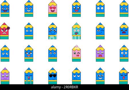 Emoticon für Bleistiftgefühle gesetzt. Fröhliche, verrückte, schlafende, tränende Emoji-Rudel. Zeichentrickaufkleber in sozialen Medien Stock Vektor