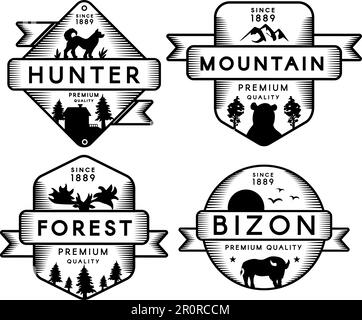 Logo von Hunter and Bizon, Forest and Mountain Set. Collection Markenzeichen Premium Quality. Silhouetten für Hund und Bär, Hirsch und Büffel auf dem Monochrom mit Logo Stock Vektor