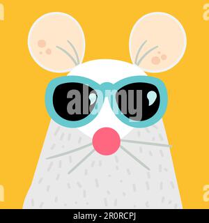 Lustige Maus-Zeichentrickfigur-Vektordarstellung. Weihnachtsratte mit Sonnenbrille. Symbol für das Jahr 2020 Stock Vektor