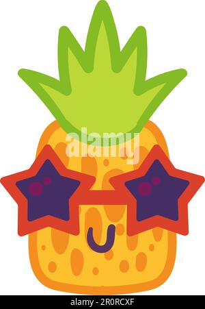 Handgezeichnete Comic-Ananas-Emoji-Illustration. Tropische Früchte in sternförmigem Retro-Glasfeld Stock Vektor