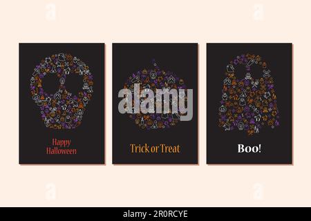 Happy Halloween-Poster-Vorlagenset. Bannerlayout für die Herbstferien. Einladungspaket für Partyvektoren Stock Vektor