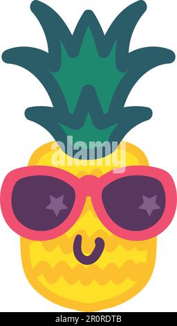 Stilvolle Ananas-Emoji, handgemalte Vektordarstellung. Lächelnde tropische Früchte in Sonnenbrille Aufkleber Stock Vektor