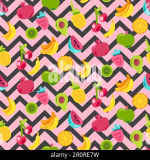 Bemalte Beeren Sommerfrüchte Mischen Nahtloses Muster. Leuchtende Ananas, Orange im Zickzack-Hintergrund. Kirschen, Kiwi und Granatäpfel mit schwarzer gepunkteter Linie. Stock Vektor