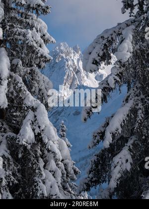Eine idyllische Winterszene mit einer malerischen Bergkette in den französischen Alpen, die mit einer Schicht frischen Schnees überzogen ist Stockfoto
