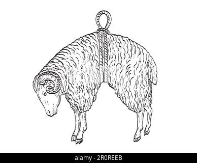 Comics-Zeichnung oder Illustration eines Schafes, das in einem Seil hängt, das ein Symbol des Goldenen Vlies ist, von der Seite auf isoliert betrachtet Stockfoto