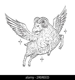 Comics-Zeichnung oder Illustration eines Schafes mit Flügeln, die am Nachthimmel fliegen, ein Symbol des Goldenen Vlies aus dem hohen Winkel i Stockfoto