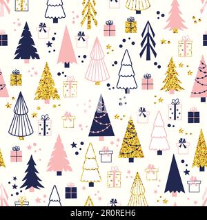 Vektorweihnachtsmuster mit Tannenbäumen und Geschenken Stock Vektor