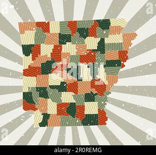 Arkansas Landkarte. Grunge Poster mit Karte des US-Bundesstaates in Retro-Farbpalette. Die Form von Arkansas mit sonnigen Strahlen im Hintergrund. Vektor-Illustration Stock Vektor