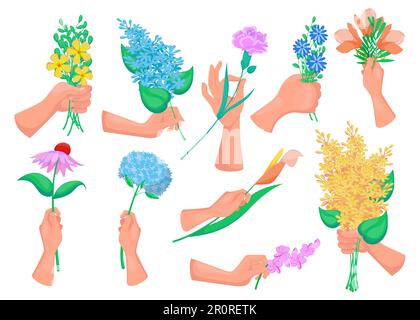 Hände von Frauen, die Frühlingsblumen halten Stock Vektor