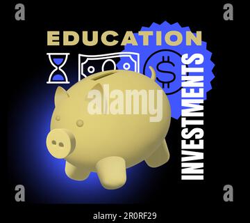 Vektordarstellung für Finanzerziehung. Banner für kreative Konzepte zur Investitionskompetenz. Finanzwissen und Finanzwissen, 3D, wie ein Sparschwein Stock Vektor