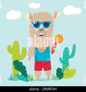 Cooles Lama in Sonnenbrille flacher Cartoon-Charakter. Happy Hipster Alpaka mit Lutscher-Farbzeichnung Stock Vektor
