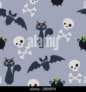 Muster mit Katzen, Schädeln und Fledermäusen für Halloween Stock Vektor