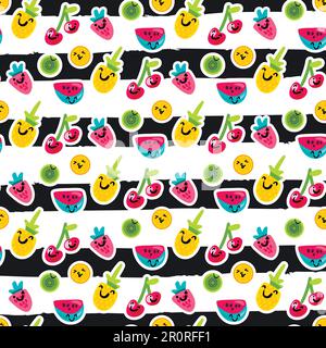 Obst nahtloses Vektormuster. Doodle Kiwi, orange, Kirschaufkleber, Emoji auf gestreiftem Hintergrund Stock Vektor