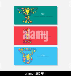 Vektorbanner für die Gewinnerfeier. Grüner, roter und blauer Hintergrund mit Glückwunsch zum Sieg Stock Vektor