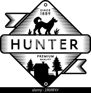 Vorlage für Vektorlogo von Hunter Camp. Freizeitpark Retro-Symbol. Akita inu Hundesilhouette in Schwarz Stock Vektor