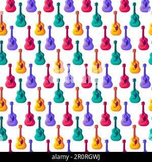 Nahtloses Gitarrenmuster mit flachem Vektor. Mehrfarbige Musikinstrumente, Cartoon-Hintergrund, Textur Stock Vektor