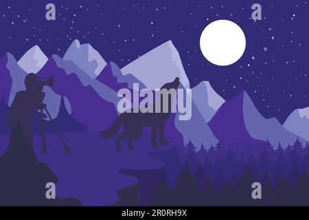 Flachvektordarstellung für Naturfotografen. Minimalistischer Hintergrund mit heulender Wolfssilhouette Stock Vektor