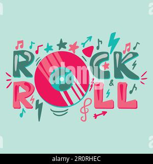 Rock N Roll von Hand gezeichnete Vektordarstellung. Disco-Schriftzug. Poster für ein Konzert im Retro-Stil, Banneridee Stock Vektor