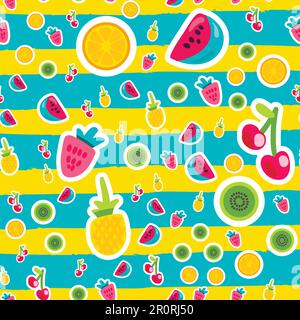Cartoon Fruit Sticker nahtloses Vektormuster. Kiwi, Wassermelone, Erdbeergestreifter Hintergrund Stock Vektor