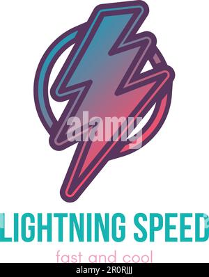Thunder-Cartoon mit grüner Umrisszeichnung. Blitz im Kreis. Geschwindigkeit, Energie-Schriftzug Stock Vektor