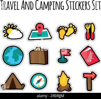 Flache Aufkleber für Reisen und Camping. Tourismus, Urlaub, Farbflecken mit gestrichelten Linien Stock Vektor