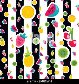 Flache Früchte, nahtloses Vektormuster. Aufkleber in Orange, Ananas, Erdbeere auf gestreiftem Hintergrund Stock Vektor
