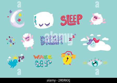 Aufwachen, aufgenähte Rahmenaufkleber zum Schlafen. Traumbriefe, Schafe, Alarmanlagen-Flicken-Pack Stock Vektor