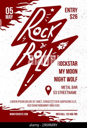 Rock and Roll – Rotweißes Vektor-Banner-Design. Lightning Retro Print-Poster für Konzerte. Vorlage für Werbeprospekt in Druckform mit Text für Stock Vektor