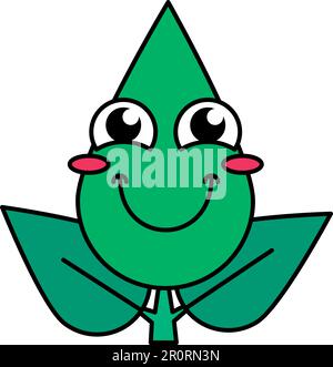 Symbol für dünne Emoji-Linien mit Blättern gesättigter Pflanzen. Grüner Zweig lächelndes Emoticon, Kawaii glücklich, fröhliches Gesicht Stock Vektor