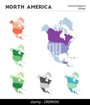 Kartensammlung Nordamerika. Borders of North America für Ihre Infografik. Farbige Kontinentalregionen. Vektordarstellung. Stock Vektor