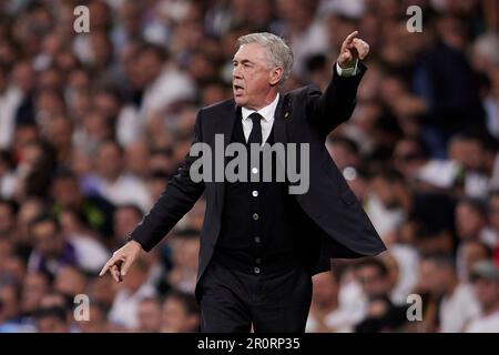 Madrid, Spanien. 09. Mai 2023. Der Cheftrainer von Real Madrid, Carlo Ancelotti, reagiert auf das Halbfinale der UEFA Champions League im ersten Fußballspiel zwischen dem Real Madrid CF und Manchester City im Santiago Bernabeu Stadion in Madrid. Das Endergebnis des Spiels ist Real Madrid 1 - 1 Manchester City (Foto: Ruben Albarran/SOPA Images/Sipa USA). Gutschrift: SIPA USA/Alamy Live News Stockfoto