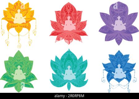 Yoga, Fitness-Flachbild-Set. Person, die in Lotus-Pose sitzt, meditiert. Gesunder Lebensstil Stock Vektor