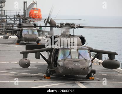 Zwei US-Dollar Army UH-60m Black Hawk Helikopter, die dem 3. Bataillon der New York Army National Guard, dem 142. Luftfahrtregister, dem 36. Kampfhubschrauber-Bataillon zugeordnet sind, führen Deckslandungen auf der USS Lewis B. Puller im Persischen Golf durch, 10. November 2022. Das Bataillon wurde nach Kuwait entsandt, um die Operation Spartan Shield zu unterstützen, als Teil der 36. Kampfluftfahrtbrigade der Nationalgarde der Texas Army. (USA Armeefoto von Staff Sgt. Samuel De Leon,) Stockfoto