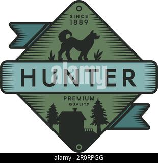 Hunter Camp Retro-Logo-Vorlage in Farbe. Freizeitpark Vintage-Vektorsymbol. Hundesilhouette Stock Vektor