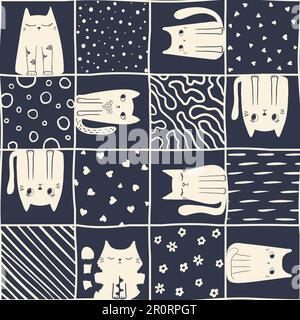 Nahtloses Vektormuster Cats Checkers Textilverpackung Sammelalbum-Verpackung. Vektordarstellung Stock Vektor