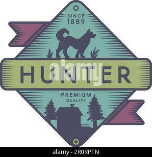 Hunter Camp Retro-Logo-Vorlage in Farbe. Freizeitpark Vintage-Vektorsymbol. Hundesilhouette Stock Vektor