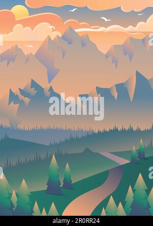 Vektordarstellung Sonnenuntergang im Wald. Fliegende Vögel über Berge. Sommerlandschaft Stock Vektor