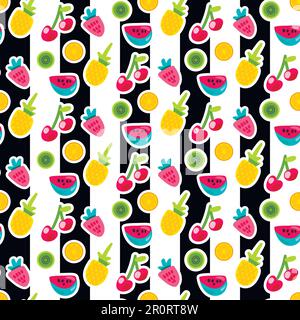 Cartoon Fruits nahtloses Vektormuster. Aufkleber in Orange, Ananas, Erdbeere auf gestreiftem Hintergrund Stock Vektor