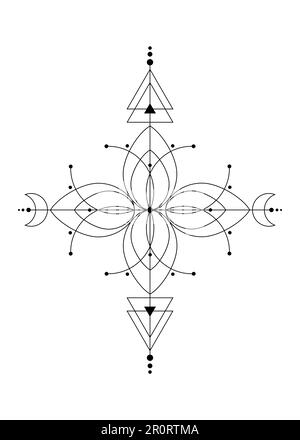 Heilige Geometrie, Blume des Lebens, mystische Zeichnung: Kreise, Dreiecke, Mond, Energiekonzept. Symbole der Alchemie, Magie, Esoterie, Okkultismus. Vektor Stock Vektor